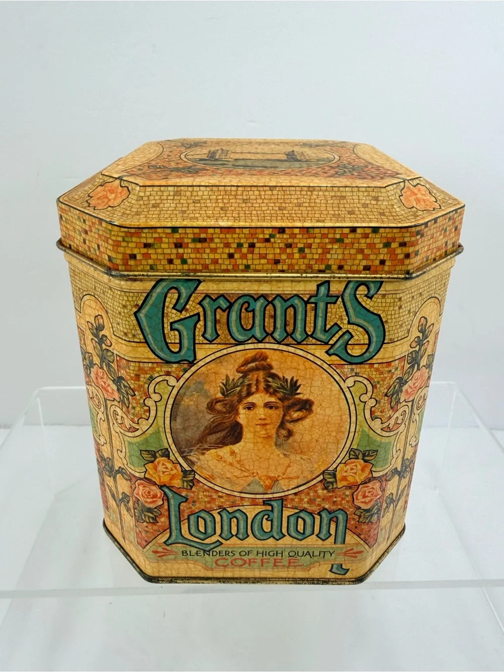 VTG Grant’s London Octagonal Coffee Tin 1950s English Litho Retro Kitchenalia